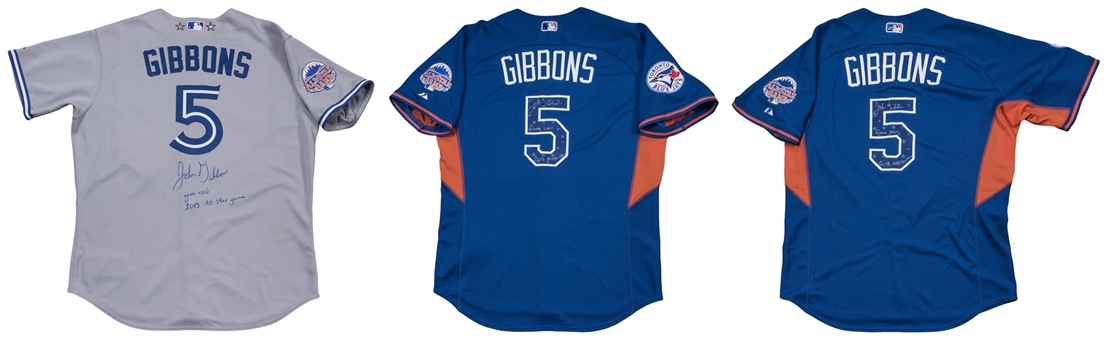 Lot of (3) 2013 John Gibbons Game Used, Signed & Inscribed Toronto Blue Jays All-Star Game & Batting Practice Jerseys (Gibbons LOA)